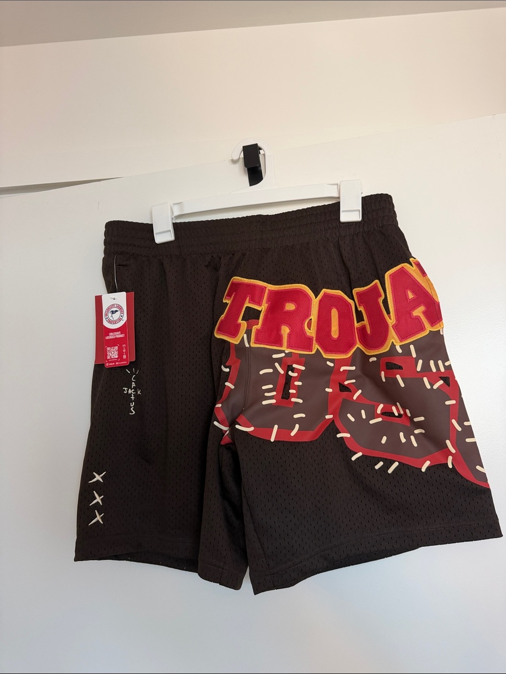 Mitchell & Ness Brown Mesh 'TROJANS' Athletic Shorts with Red & Yellow Graphic